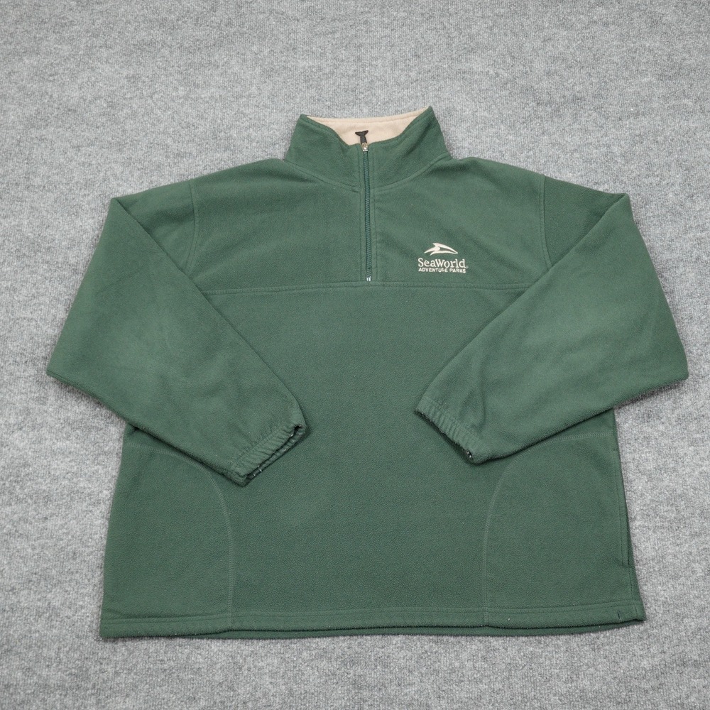 SeaWorld Fleece Mens XL Green Adventure Parks Shamu Quarter Zip Pullover Logo